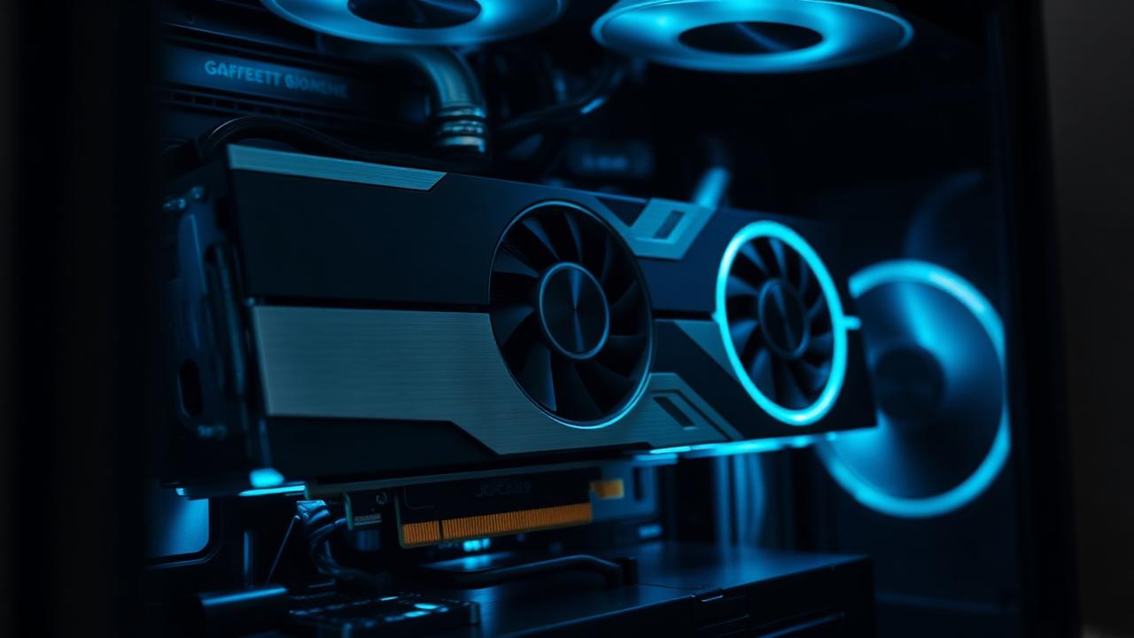 Close-up of a graphics card inside a dark PC case under cool blue lighting