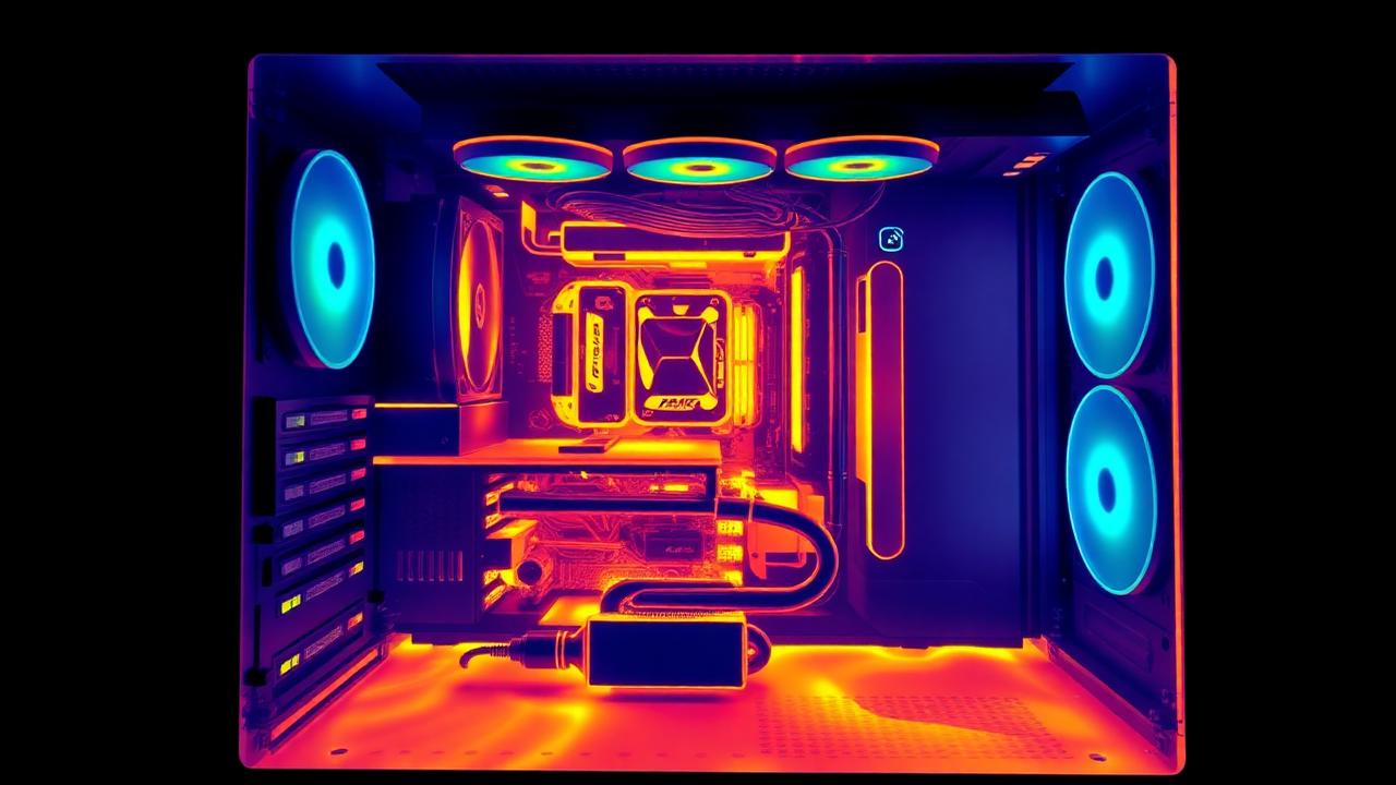 Thermal visualization of a gaming PC interior showing heat distribution